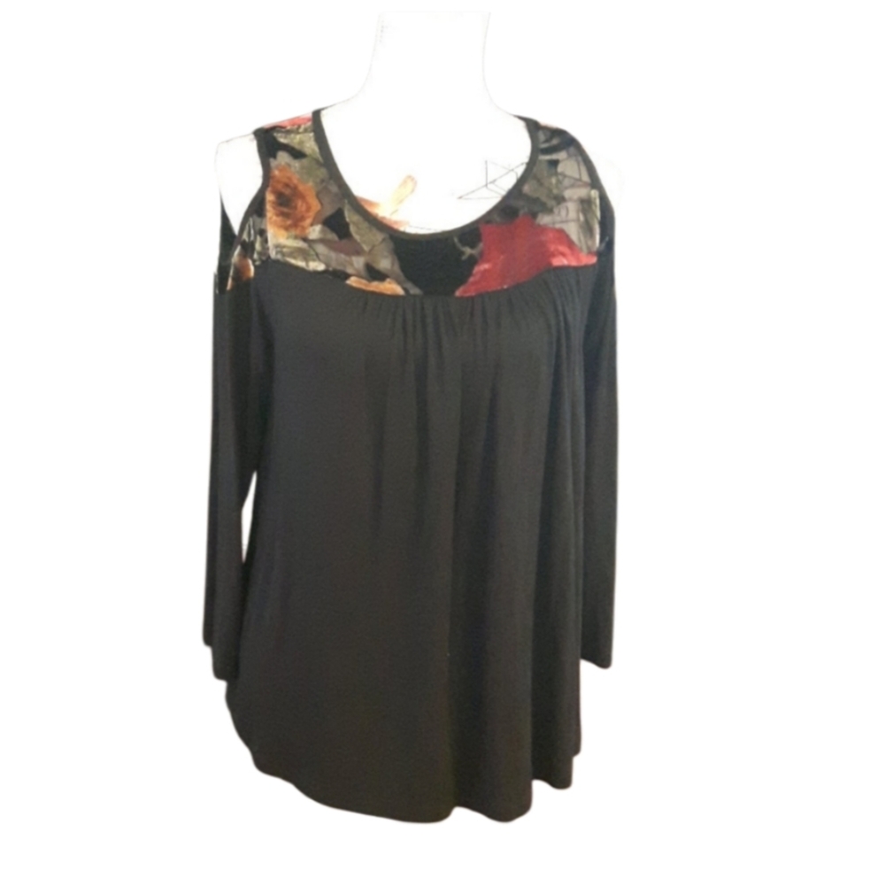 Knapp Studio Cold Shoulder Velvet & Sheer Floral Tunic Top – Size Small